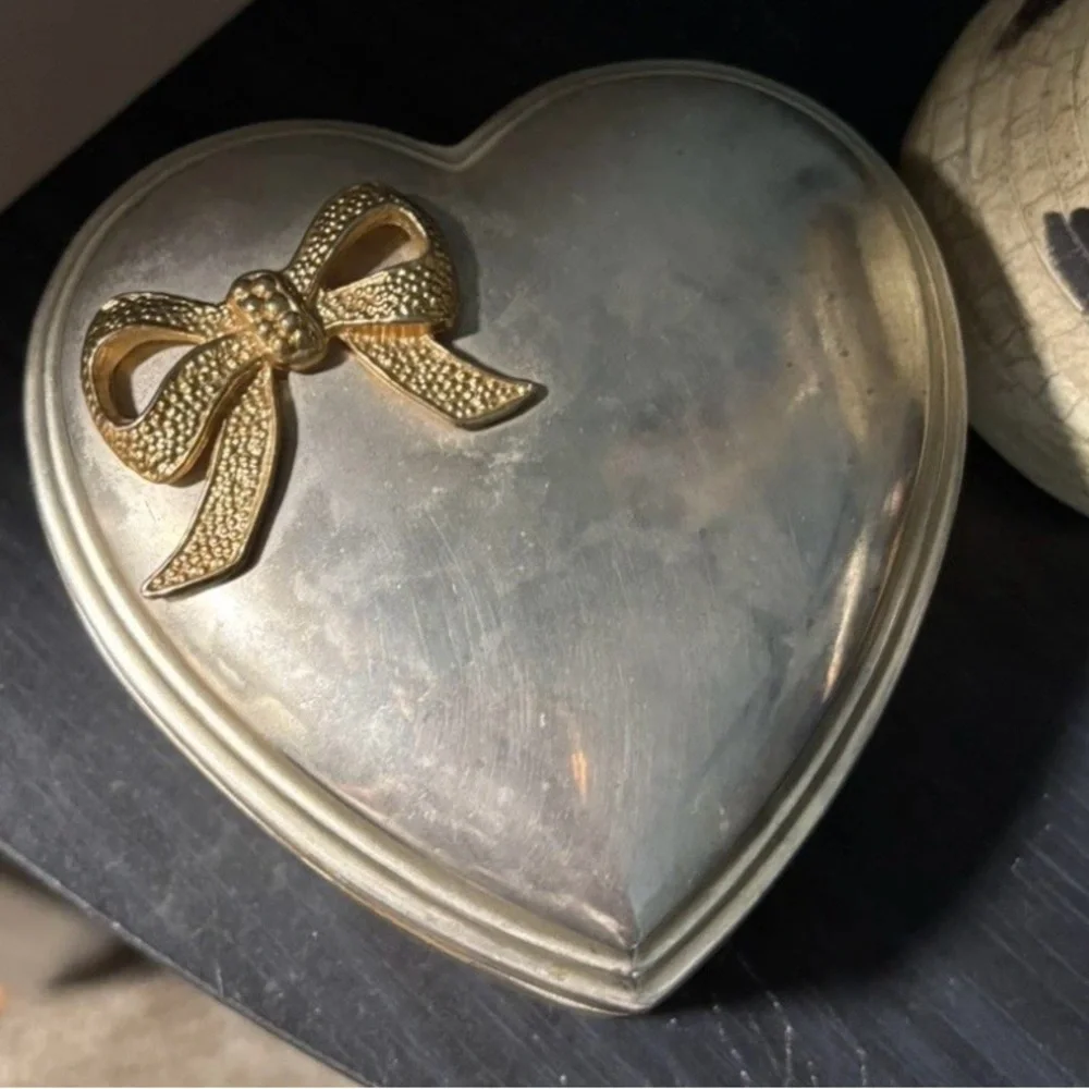 Vintage Silver Heart Jewelry Box with Gold Bow Accent